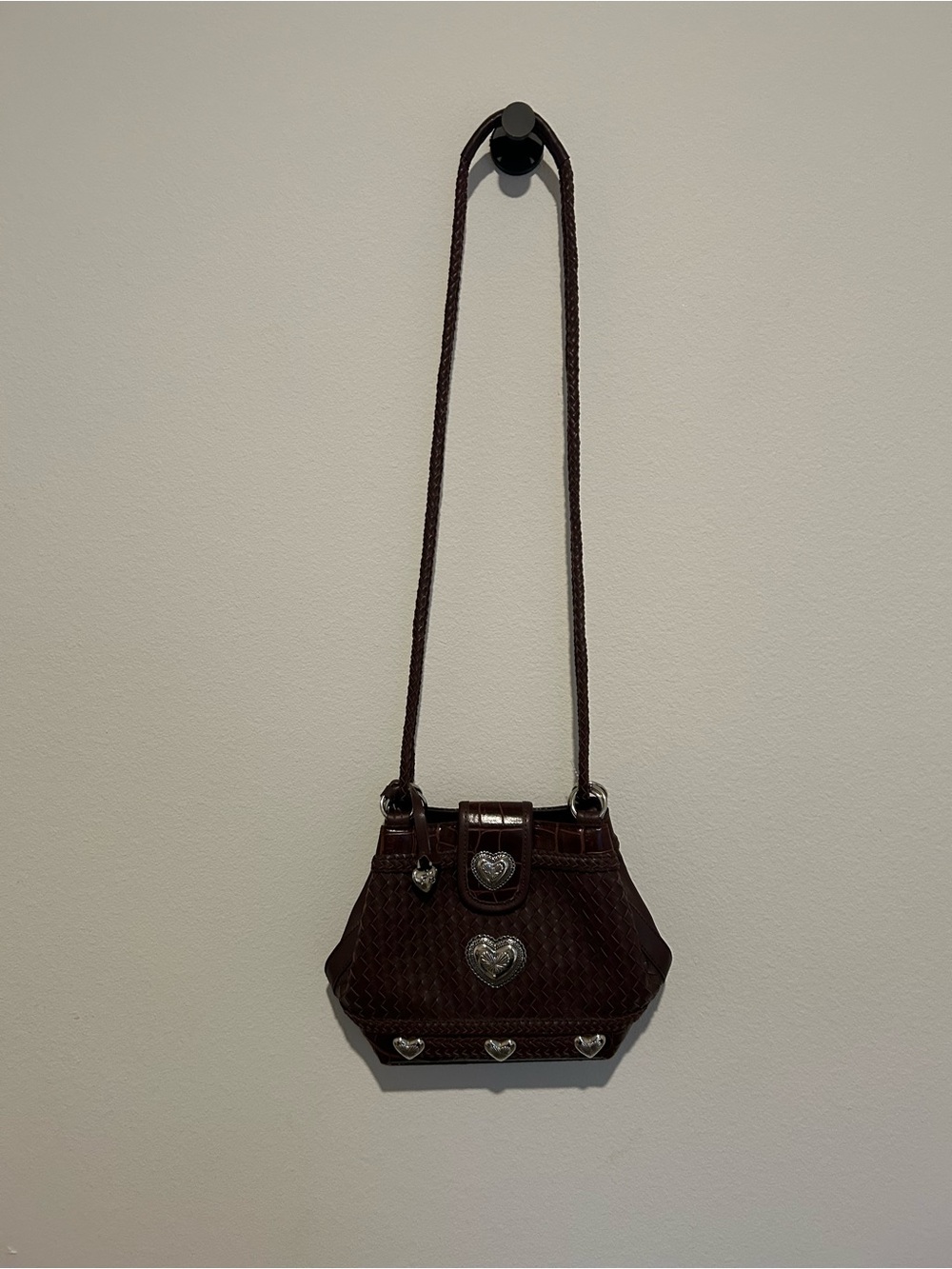 Vintage Burgundy/Brown Heart-Accent Crossbody Purse With Braided Straps